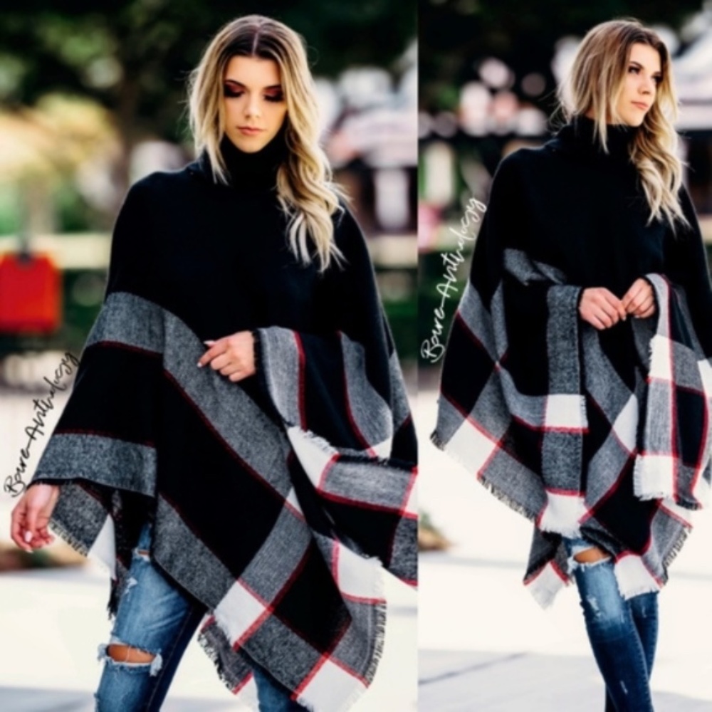 030 Cozy plaid Turtleneck frayed hem Poncho - Picture 7 of 9